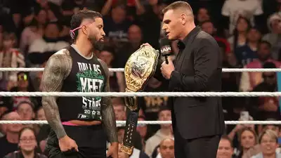 Jey Uso confronts Gunther, who holds the WWE championship belt in the ring in WWE raw news.