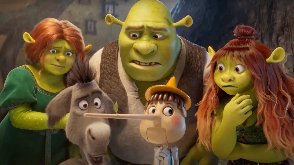 Shrek standing in his swamp with Fiona and Donkey, looking at the distant kingdom of Far Far Away.