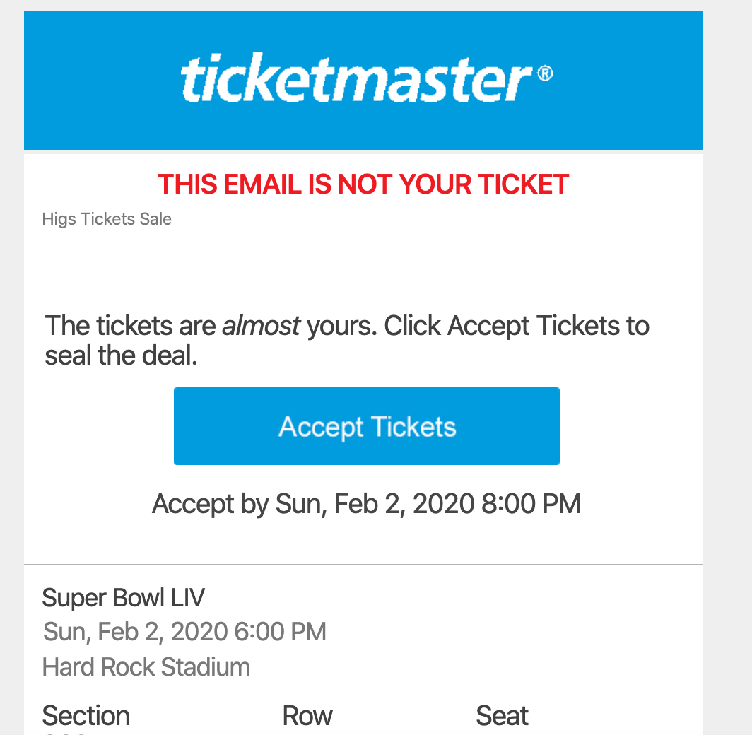 Digital booking confirmation for Super Bowl tickets, detailing seat location, event date, and venue information.