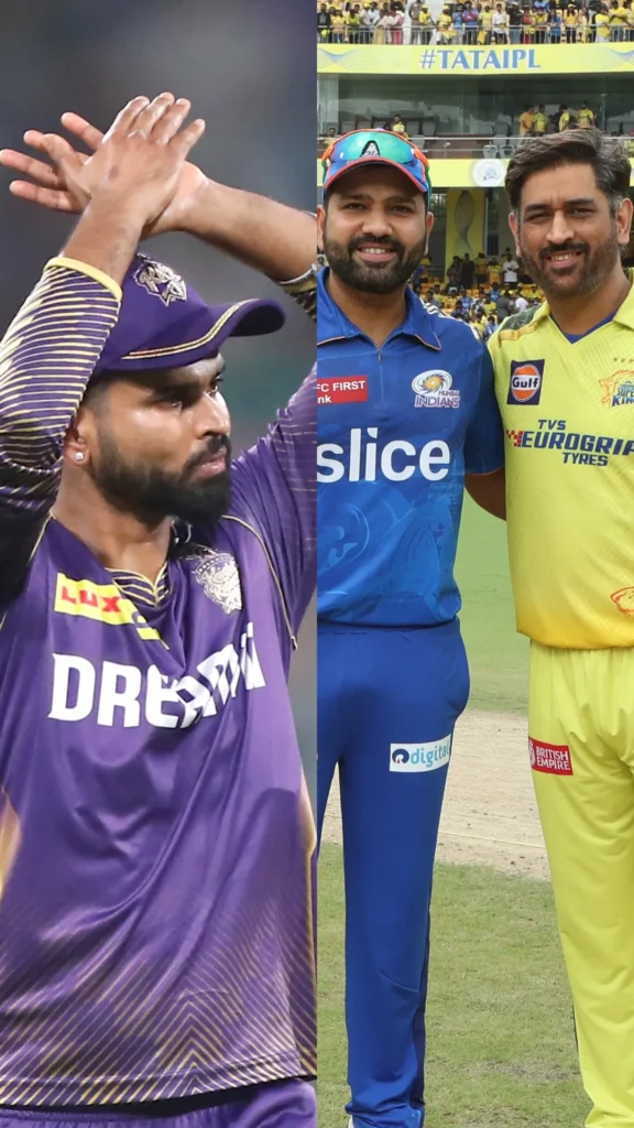 Collage of IPL captains MS Dhoni, Rohit Sharma, and Shreyas Iyer, who have faced slow over-rate penalties.