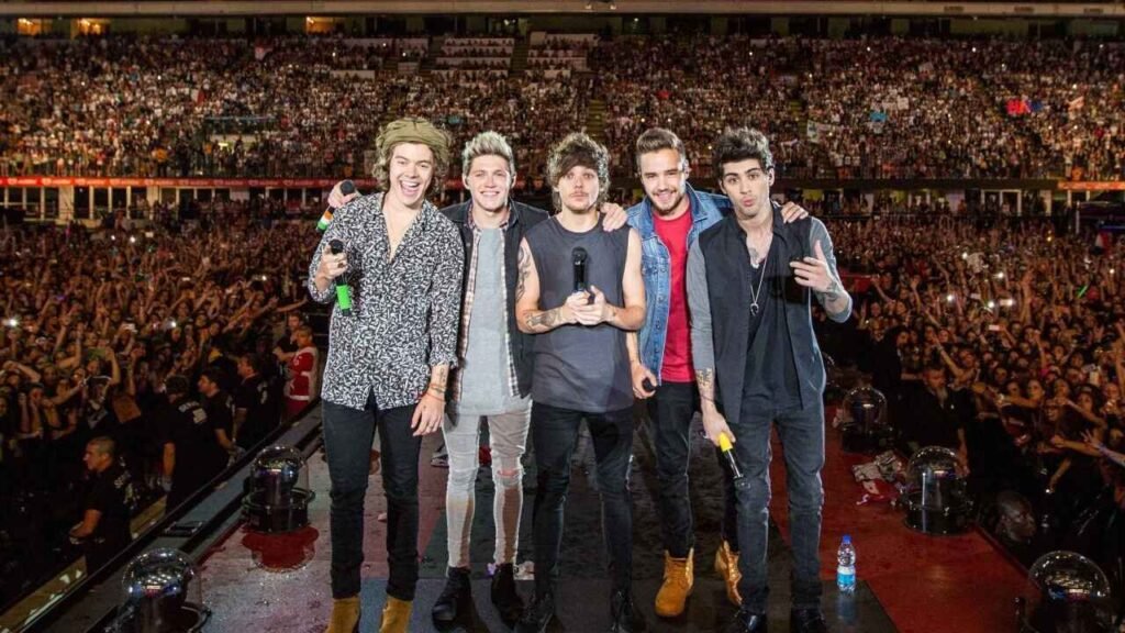 Fans waving lights and singing along at a One Direction tribute concert.