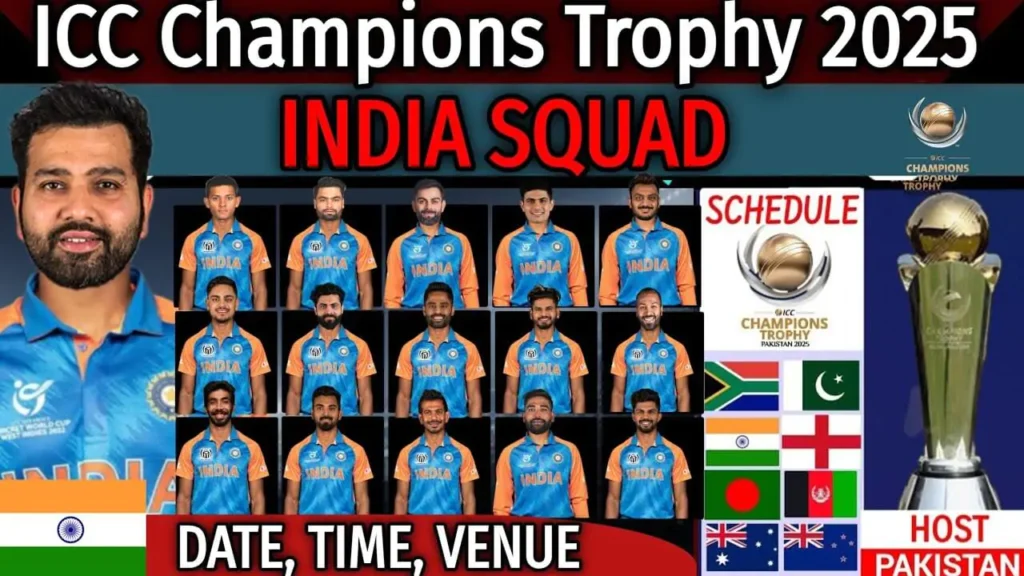 Star Indian players for the 2025 Champions Trophy, including Virat Kohli, Rohit Sharma, and Ravindra Jadeja.