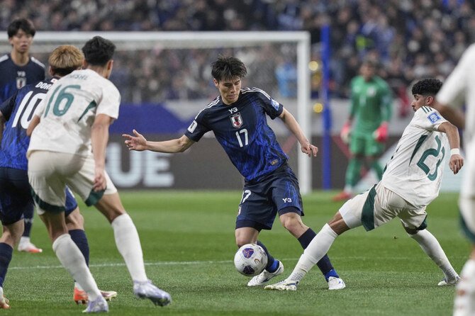 A collage of key players for Saudi Arabia vs Japan, including Salem Al-Dawsari, Firas Al-Buraikan, Daichi Kamada, and Takehiro Tomiyasu.