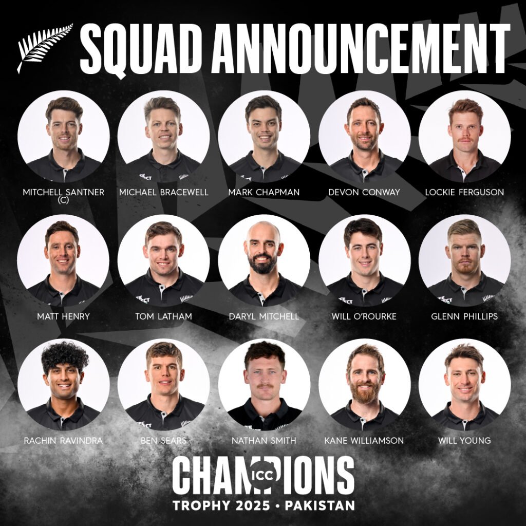 New Zealand’s key players for the 2025 Champions Trophy, including Kane Williamson and Trent Boult.