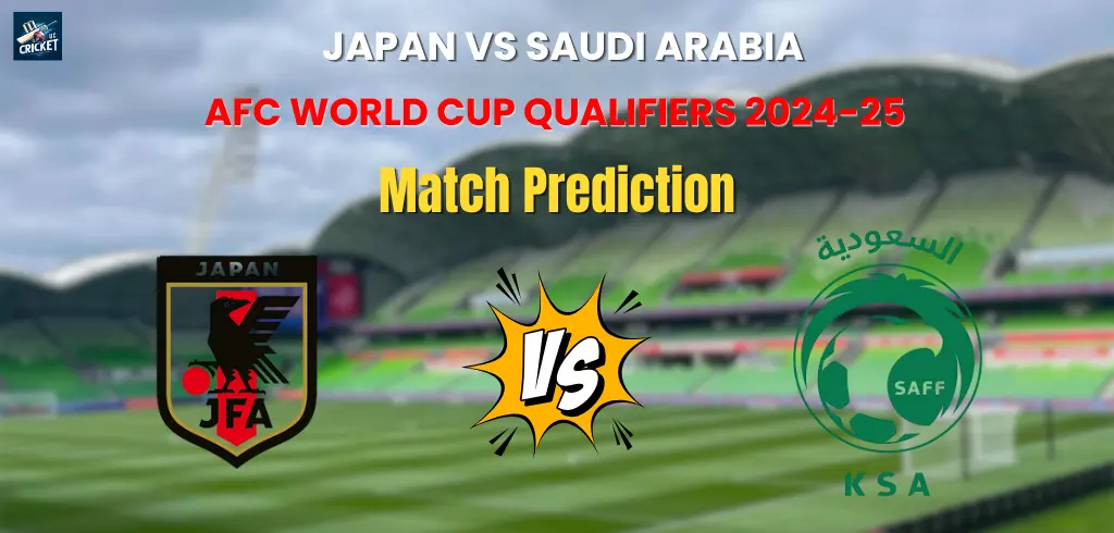 A digital scoreboard showing Saudi Arabia vs Japan with a predicted score of 2-1.