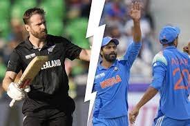 Indian and New Zealand spinners like Kuldeep Yadav and Mitchell Santner bowling on a slow pitch.