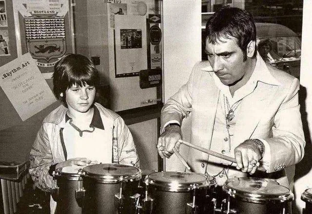 A collage of Zak Starkey performing with The Who over different decades.