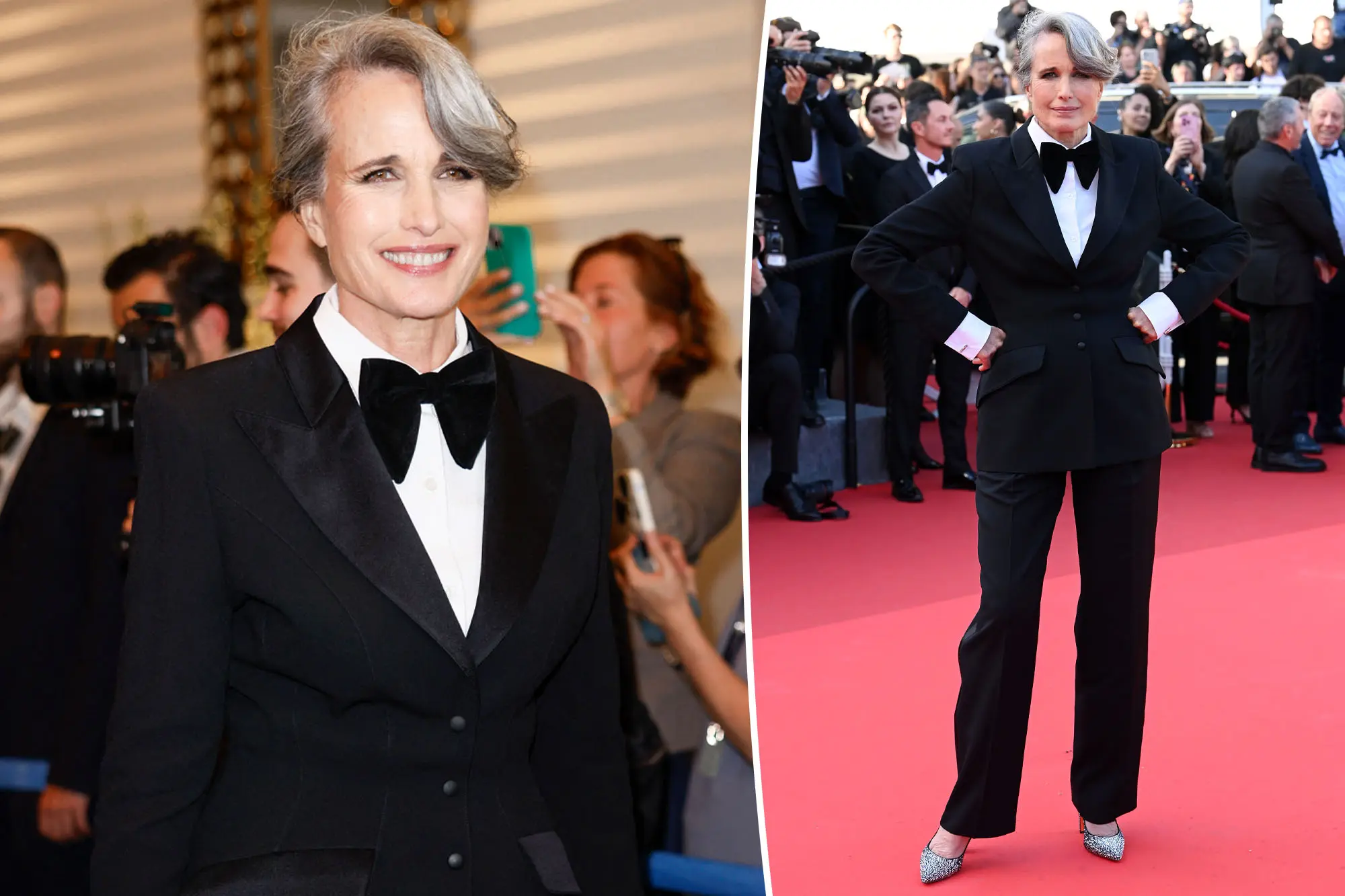 Andie MacDowell in a black tuxedo-inspired gown at Cannes 2025.