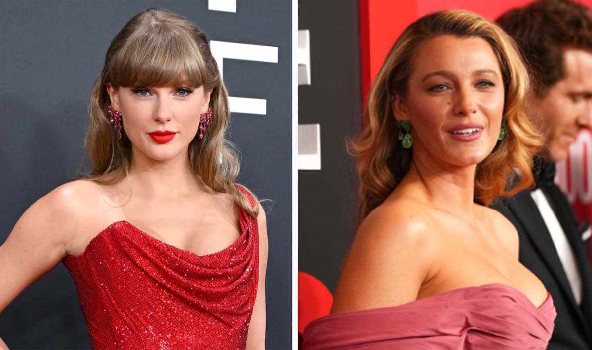 Blake Lively and Taylor Swift smiling at a red carpet event.