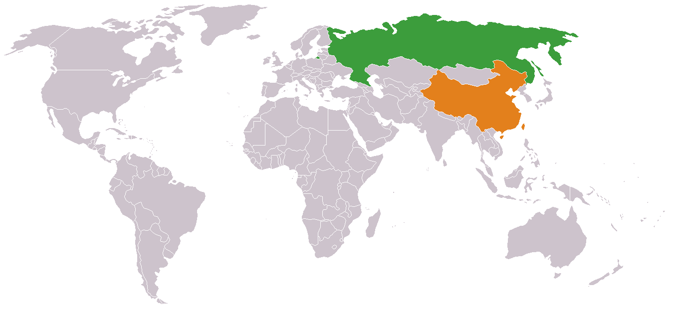 Political map highlighting China, Russia, and the West