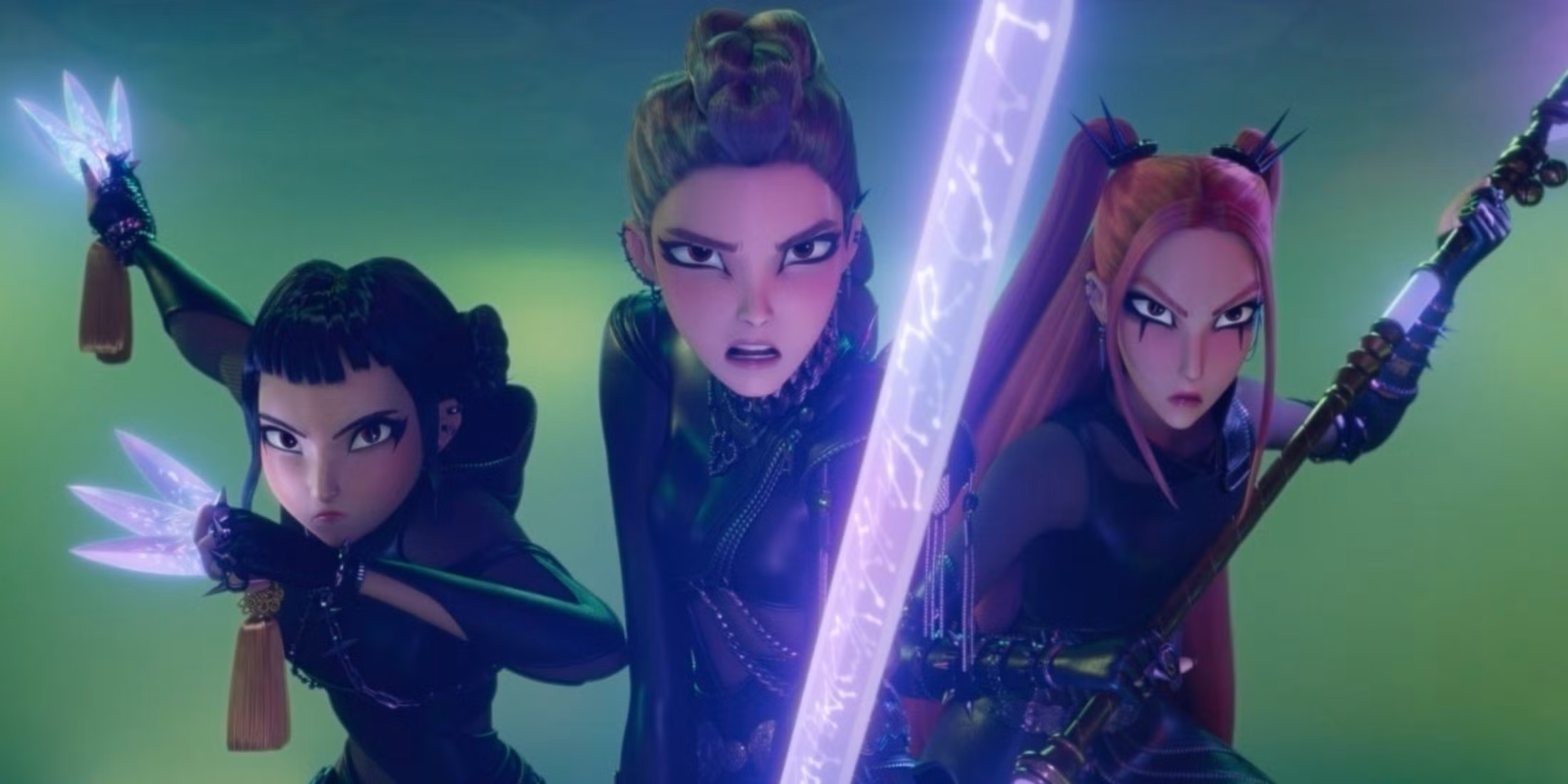 Rumi, Zoey, and Mira in action scene from KPop Demon Hunters